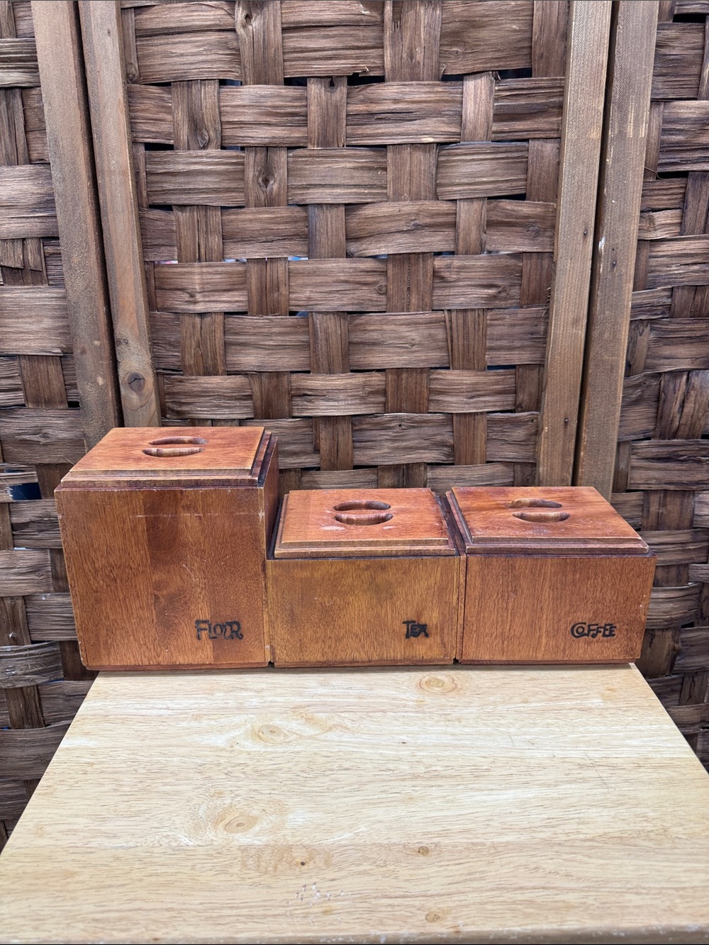 Wooden Brown Bilingual Kitchen Storage Canister Set - Coffee Tea Flour